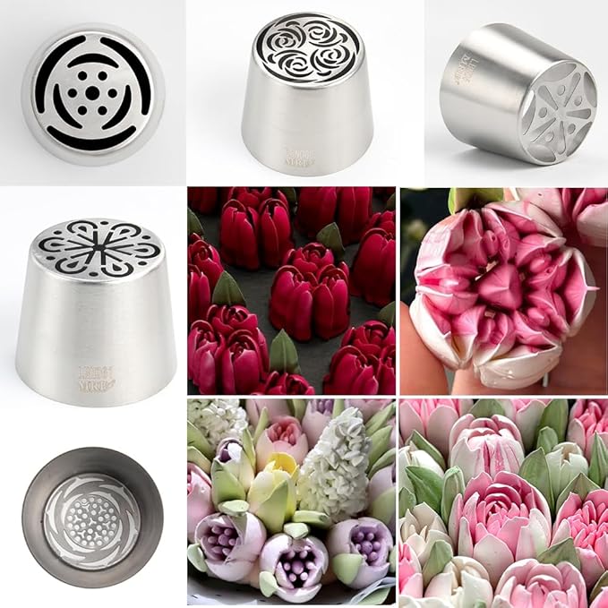 22 Pcs Stainless Steel Extra Large Russian Tulip Flower Icing Tips Set, 10 XXL Piping Nozzle,1 Big Leaf Tip,1 Petal Rose Flower Tip,10 Disposable Pastry Bags for Cake Decorations