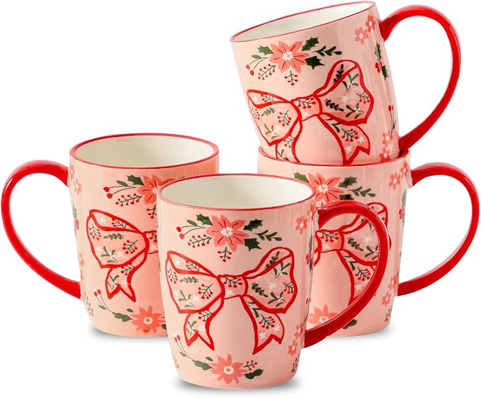 HASENSE Coffee Mugs Set of 4,16oz Ceramic Cups with Handle for Kitchen,Pink Bow Valentine's Day Latte Mugs for Hot Cocoa,Tea,Milk & Latte,Large Festive Stylish Mug Gift,Microwave and Dishwasher Safe by Hasense