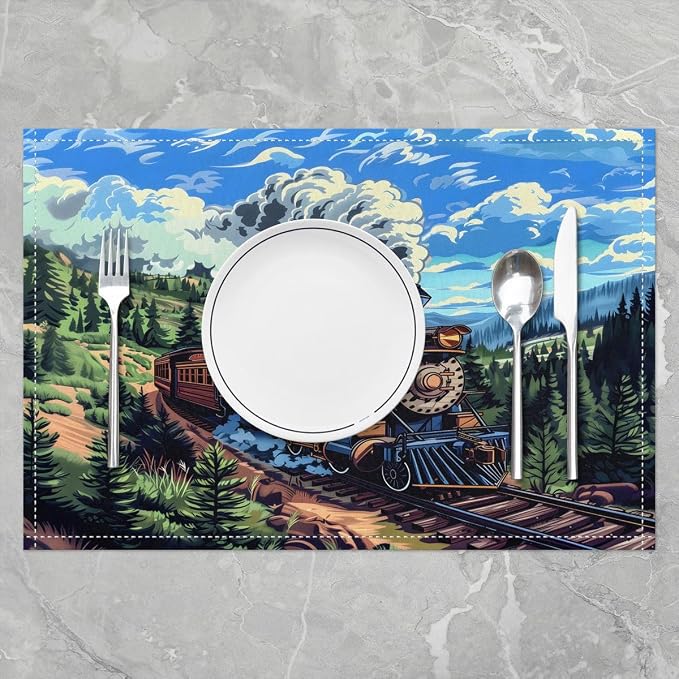 Feelyou Train Placemats Set of 4 Colorful Steam Engine Table Mats American Flag Place Mat for Kitchen Dining Table Party Decor Indoor Outdoor 18"x12" Transportation Vehicle - Image 2