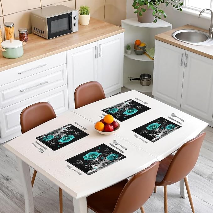 Feelyou Teal Rose Placemats Set of 4 Romantic Floral Blossom Table Place Mats Set for Adult Black Teal Placemat for Kitchen Dining Table Reflection on Water 18"x12" - Image 3