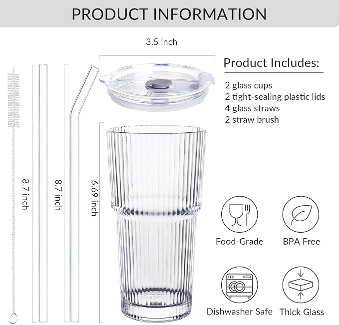 Puraville 2 Pack Glass Cups with Lids and Straws, 20oz, Ribbed Pattern | Reusable Thick Iced Coffee Tumblers for Juice Cold Drinks, Leak Proof Glassware for Summer - Image 2