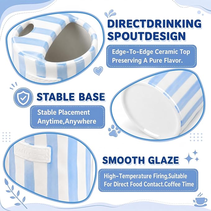 1 Pack Ceramic Coffee Mug with Sip Hole Espresso Cup 10oz with Straws Retro Hand Painted Striped Ceramic Iced Coffee Tea Travel Mug Latte Cup for Kitchen Dining (Simple,Blue) - Image 3