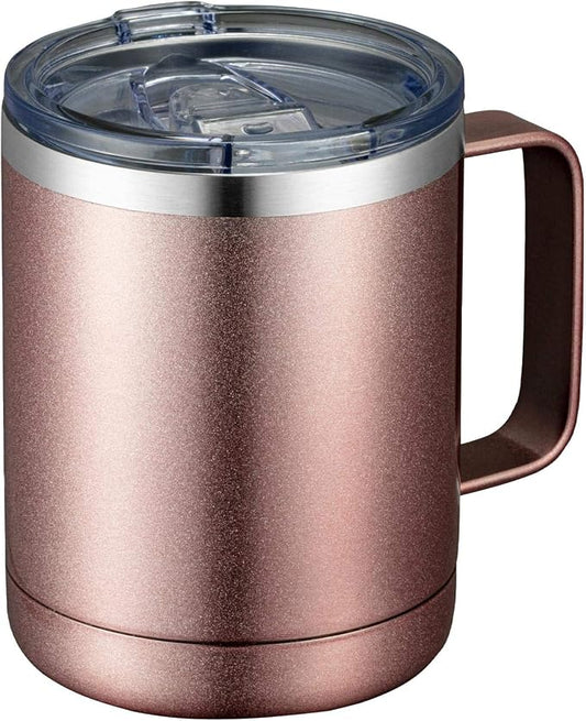 MEWAY 12oz Coffee Mug With Handle and Sliding Lid,Stainless Steel Travel Tumbler Cup with Handle,Double Wall Vacuum Insulated Camping Cup for Hot & Cold Drinks Tea (Rose Gold,Set of 1 by MEWAY
