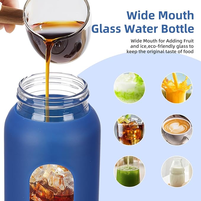 24 oz Glass Water Bottle with 2 Lids-Handle Straw Lid & Bamboo Lid,1 Liter Motivataional Tumbler Water Bottle Time Marker, Borosilicate Glass Water Bottles With Silicone Sleeve, Leakproof