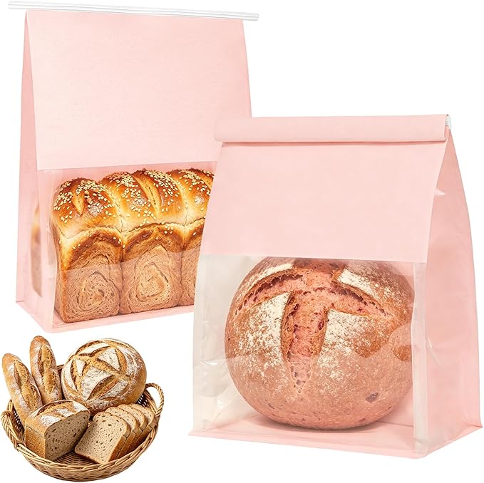 Funcoo 50 Paper Bread Bags with Tabs for Homemade Sourdough Bread, 8.7x4.3x11 Inches Pink Bakery Bread Bags with Window/Tin Tie Tab Lock, Large Bakery Loaf Bag for Baked Goods Packaging - Image 2