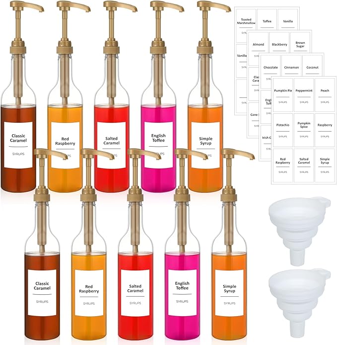 Bokon Coffee Syrup Dispenser 25.4 oz 750 ml Drinking Syrup Pump Bottles with Comprehensive Label Set and Funnel for Coffee Bar Accessories Essentials(Gold,10 Pcs)