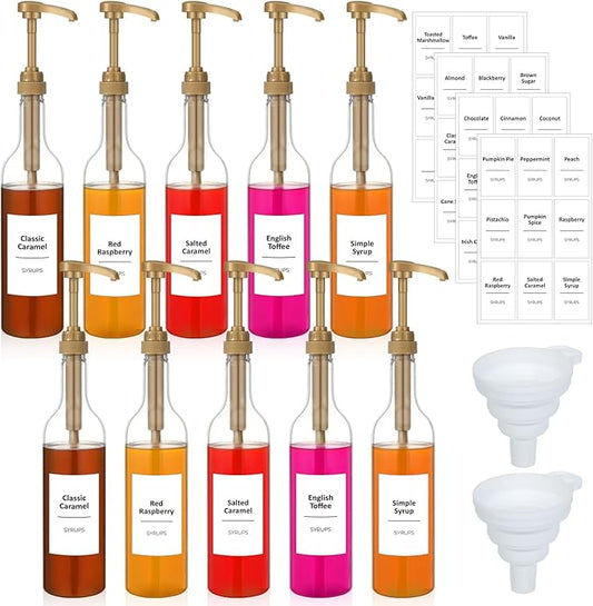 Bokon Coffee Syrup Dispenser 25.4 oz 750 ml Drinking Syrup Pump Bottles with Comprehensive Label Set and Funnel for Coffee Bar Accessories Essentials(Gold,10 Pcs)
