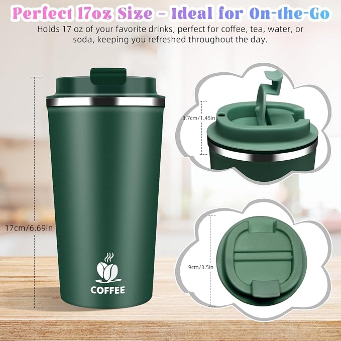 17oz Insulated Travel Coffee Mug with Flip Lid – Leakproof Stainless Steel Insulated Coffee Tumblers, Reuable Coffee Cup for Hot & Cold Drinks, Perfect for Camping & On-the-Go - Image 2