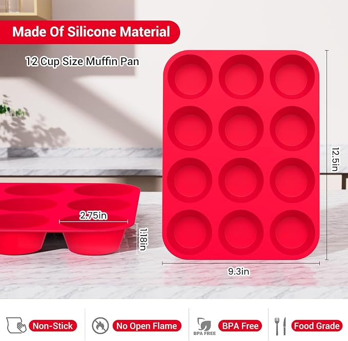 Redfly 3 Pack Silicone Muffin Pans for Baking & Cupcake Pan - 12 Cup Regular Size Silicone Molds, BPA Free Egg Bites Mold - Image 3