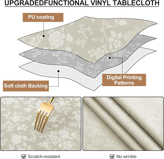Smiry Round Waterproof Heavy Duty Vinyl Tablecloths, 60 x 60 Inch | Wipeable Washable Floral Embossed Table Cover for Kitchen and Dining Room, Indoor & Outdoor Use, Sand - Image 5