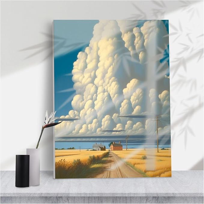 Majestic Prairie Storm Cloud Framed Art,Stylized Towering White Clouds Over Golden Wheat Fields Farmhouses for Bold Modern Farmhouse Decor,16''x24'' Framed Modern Canvas Wall Art by Unknown