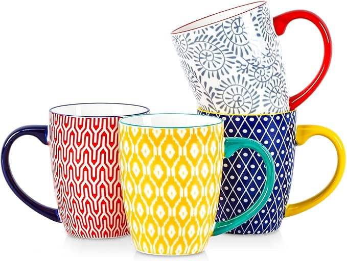 Selamica Ceramic Coffee Mugs Set of 4, 16 OZ Large Coffee Cups with Handle for Cappuccino, Tea, Mocha, Cocoa, Dishwasher Microwave Safe, Assorted Colors by Selamica