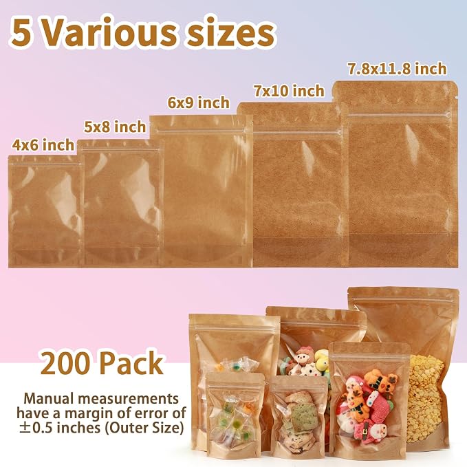 200 Pack Kraft Paper Bags with Clear Window 6x9 Reclosable Small Stand Up Mylar Bags for Food Storage Resealable Smell Proof Pouch, Edible Packaging, Reusable bags for Small Business - Image 6