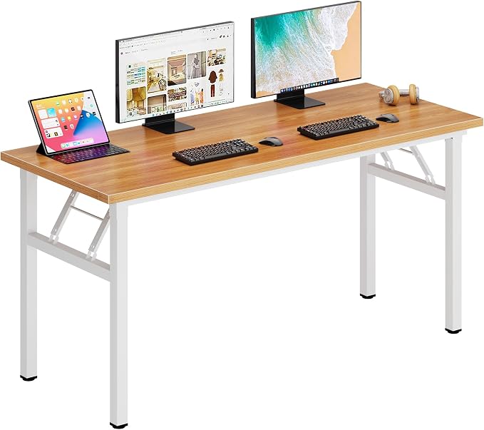 DlandHome 62 Inch Large Folding Computer Desk, Fully Assembled, Teak White | Foldable Writing Table for Bedroom Dorm, Conference Table for Home Office, Wood Top Metal Frame, Collapsible Easy Storage by DlandHome