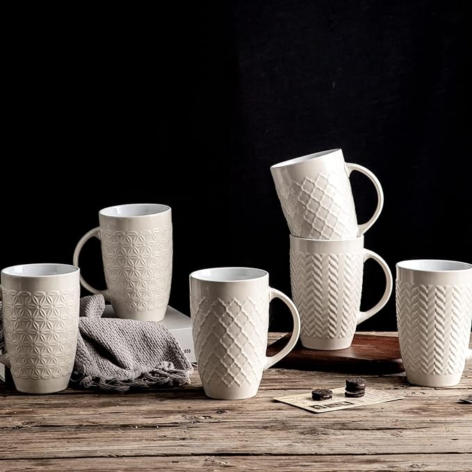 AmorArc Extra Large Coffee Mugs Set of 6, 20oz Ceramic Tall Coffee Mugs Set with Textured Geometric Patterns for Coffee/Tea/Beer/Hot Cocoa, Dishwasher & Microwave Safe,Beige - Image 7