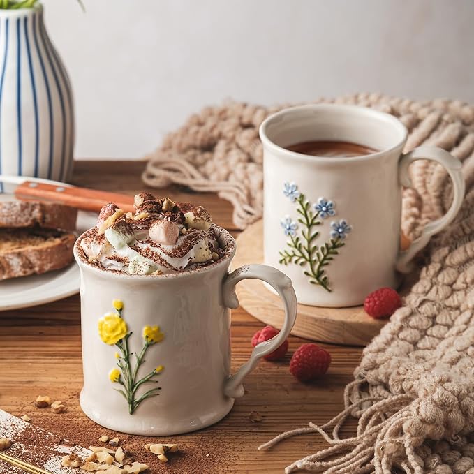 2 Pack Floral Ceramic Coffee Mugs - Yellow and Blue Flowers, Hand-Painted, Microwave & Dishwasher Safe, Ideal for Cappuccino, Tea, Hot Chocolate - Image 4