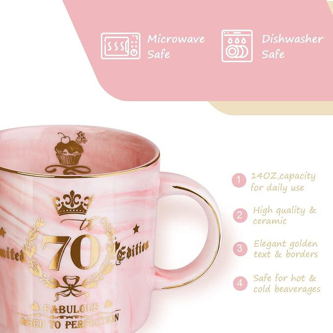 70th Birthday Gifts for Women - Aged to Perfection Coffee Mug - Unique Birthday Present for Grandma Mum Wife Girl Friend Sister - Pink Marble Mug for Coffee Lovers 14Oz Tea Cup Gift Boxed | Unique Birthday Present for Grandma Mum Wife Girl Friend Siste... - Image 3