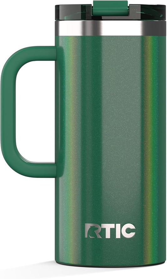 RTIC 16oz Road Trip Travel Mug with Lid and Handle, Ceramic Lined, Insulated, Stainless Steel, Metal, Double Wall Vacuum-Insulation, Portable Coffee, Tea Cup for Hot and Cold Drink, Pine Tree Glitter by RTIC