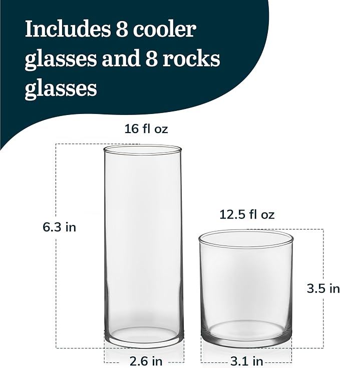 Libbey Miles Tumbler and Rocks Bar Drinkware Glasses Set, Clear All-Purpose 16 Piece Glassware Set, Sleek Glass Drinking Cups for Everyday Use - Image 3