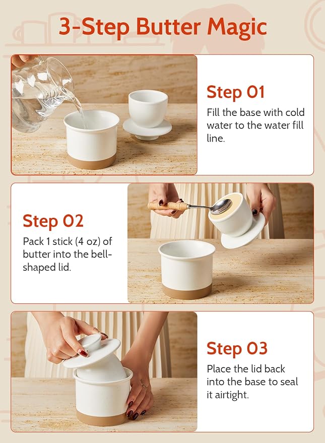 Sweese French Butter Dish - Butter Crock for Counter with Water Line for Fresh Spreadable Butter - French Butter Keeper with Lid - Housewarming Gift For The One Who Has It All - Latte White - Image 7