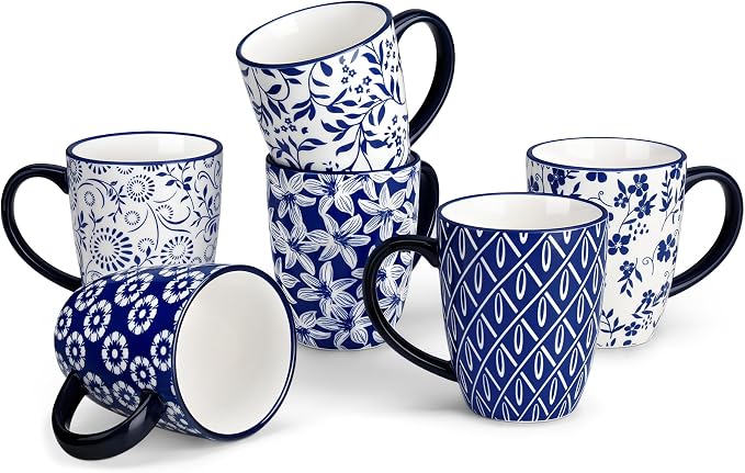 vancasso SELENE Coffee Mugs Set of 6, 12 Oz Porcelain Coffee Cups with Handle, Ceramic Tea Cup for Cappuccino, Latte, Tea, Cocoa, Dishwasher & Microwave Safe Gift Sets, Vintage Blue by vancasso