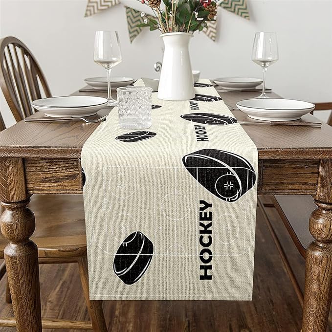 Feelyou Ice Hockey Table Runner 60x13 InchKids Ice Sports Games Indoor Outdoor Party Supply for Boys Teens Puck Hockey Home Kitchen Dining Decor Winter Sports Beige Home Decor - Image 3