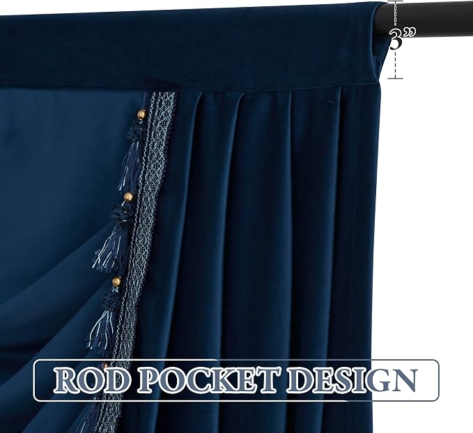 Extra Wide Navy Blue Velvet Curtain Valance W110 inches, 1 Panel | Luxury Tassel Waterfall Valance for Living Room, Rod Pocket Tier Half Window Drapes for Kitchen, Villa Hall - Image 2