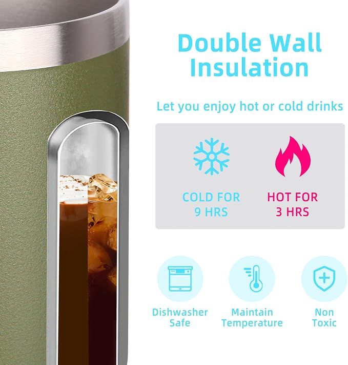 Volhoply 14oz Insulated Stainless Steel Coffee Mug with Lid Bulk 2 Pack,Double Wall Vacuum Travel Coffee Cup with Handle,Reusable Cups Tumbler,Camping Mugs Keep Hot,Ideal Gifts(Army Green,2) - Image 3