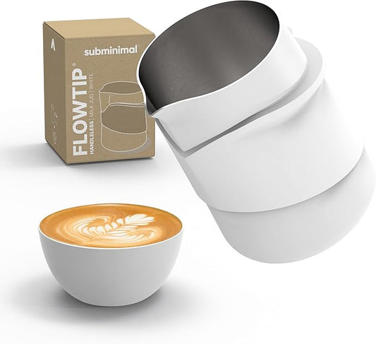 Subminimal FlowTip Handless Jug - Stovetop Milk Frothing, Foaming Pitcher for Barista-Style Coffee - Cappuccino & Latte Art Pouring Jug with Heat Resistant Handle - Coffee Lover Gifts - 450ml, White
