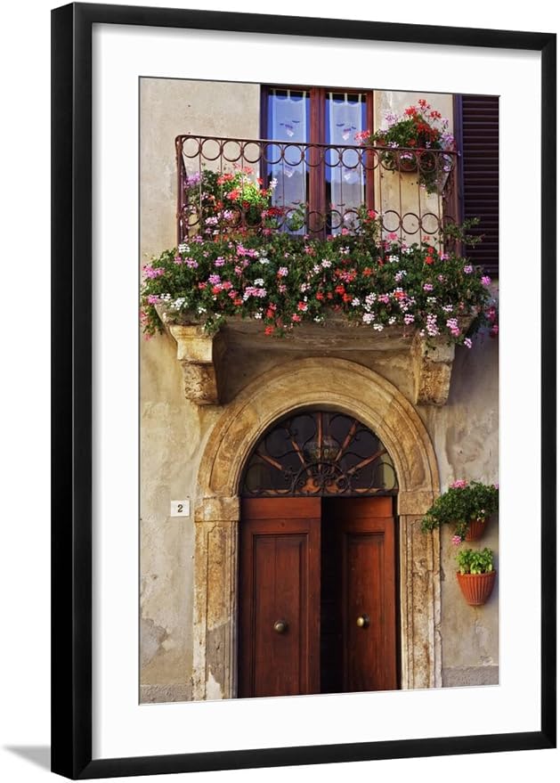 ART.COM Wall Photo Balcony Flowers and Doorway in Pienza Tuscany Italy on Black Frame by Julian Castle, 21" x 29" by ART