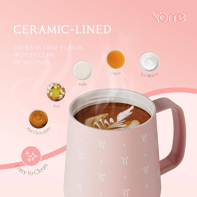 YOME 10oz Bow Light Pink Insulated Coffee Mug with Handle for Women | Ceramic Lined Coffee Mug with Splash-Resistant Lid| Pure Taste Stainless Steel Coffee Cup | Easy to Clean | Keeps Drinks Cold - Image 4