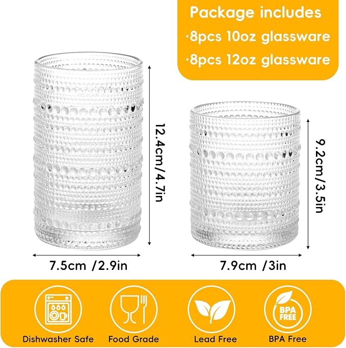 Moretoes Hobnail Drinking Glasses Set of 16, Vintage Water Glass Cups | 12 Oz Highball Glasses & 10 Oz Cocktail Glasses, Clear Embossed Boho Kitchen Bar Tumbler for Whiskey, Beer, Juice, Milk - Image 3