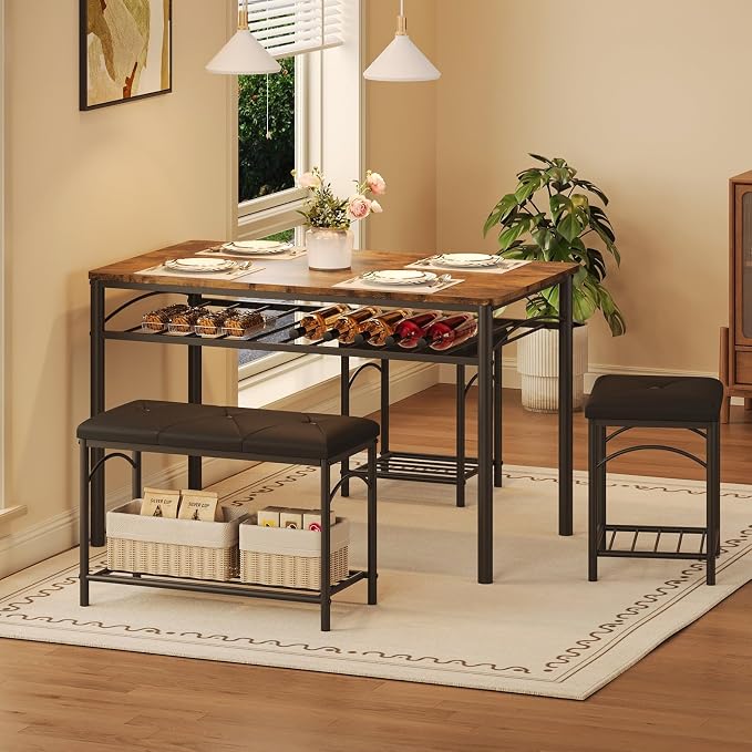 GarveeHome Dining Table Set for 4 with Upholstered Benches and 2 Stools, Modern Space Saving Kitchen Breakfast Table, Ideal for Small Kitchens, Apartments, Studios, and Compact Living Spaces - Image 4
