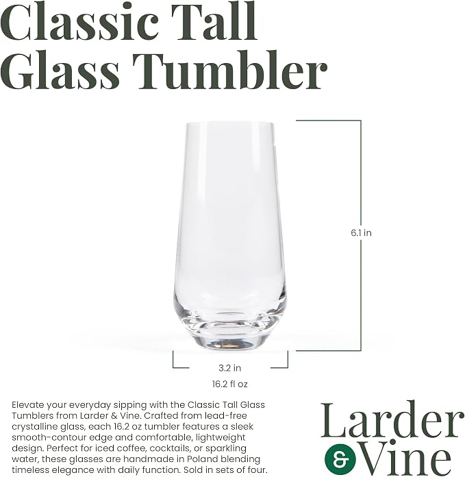 Larder & Vine Crystalline Glassware Tumbler Set, Artisan Drinkware for Cocktails, Water, Whiskey or Spirits, Handmade in Poland (Classic Tall) - Image 6