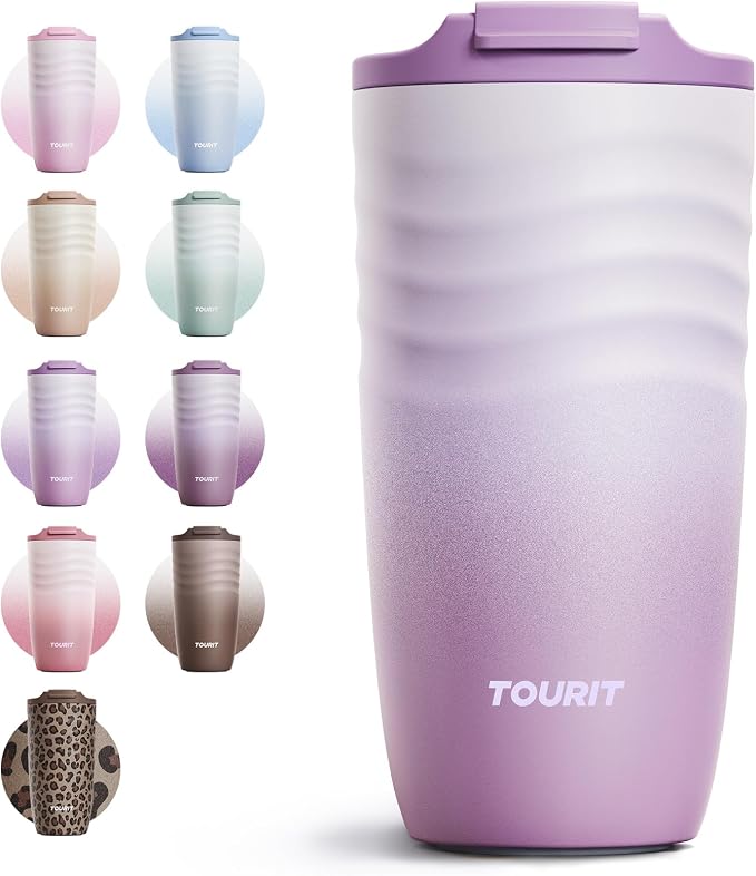 TOURIT 16 oz Travel Coffee Mug, Vacuum Insulated Stainless Steel Tumbler with Ripple-Wave Anti-Slip Grip, Built-in Silicone Bottom for Quiet & Stable, Leak-Proof Lid, Fits Car Cup Holder, Lilac by TOURIT