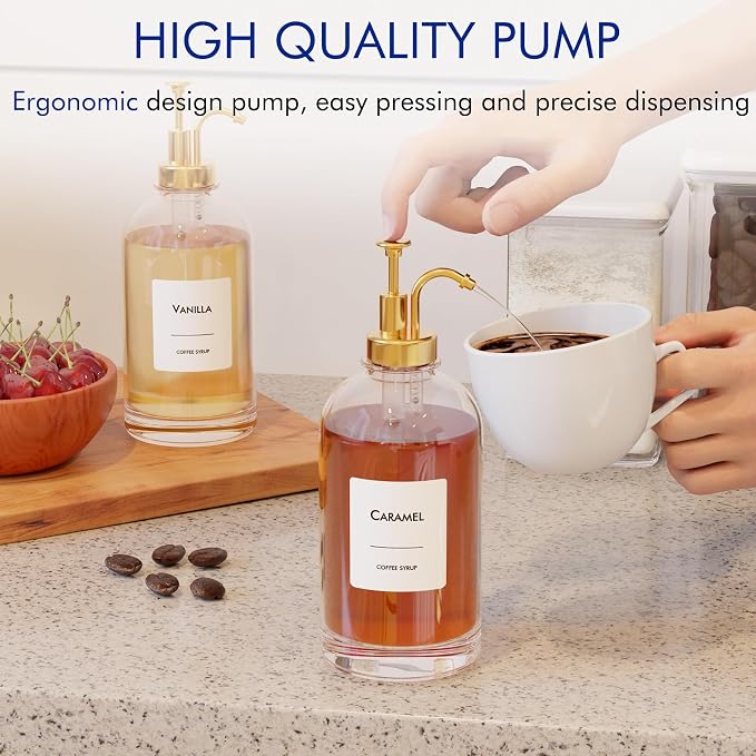 16.9 oz (500 ml) Coffee Syrup Dispenser Set- 4 Glass Bottles with Gold Pumper and Syrup Labels - Precise Dispensing and Stylish Addition to Coffee Shop, Cafe or Home Bar - Image 3