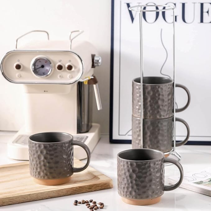 Nihow 16 Oz Ceramic Coffee Mug Set of 4 with Stackable Stand,Matte Gray | Stackable, Stainless Stand Included, Cappuccino & Tea, Hot/Cold Drinks, Dishwasher & Microwave Safe - Image 7