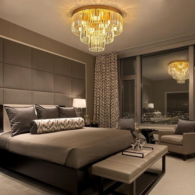 21.65" 10 Light Gold Crystal Ceiling Light for Dining Room | K9 Crystal, Stainless Steel, 3 Tier, E12 Base, Flush Mount, for Kitchen Island Living Room Bedroom Entryway - Image 6