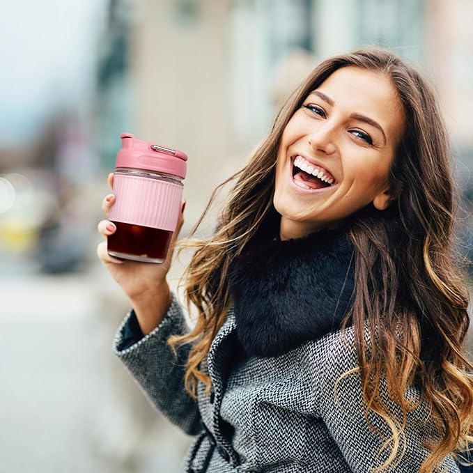 Sivaphe Reusable Glass Ice Hot Coffee Cup 16 oz, Portable Travel Mug with Spill-Proof Lid and Thermal Sleeve for Home Office Pink