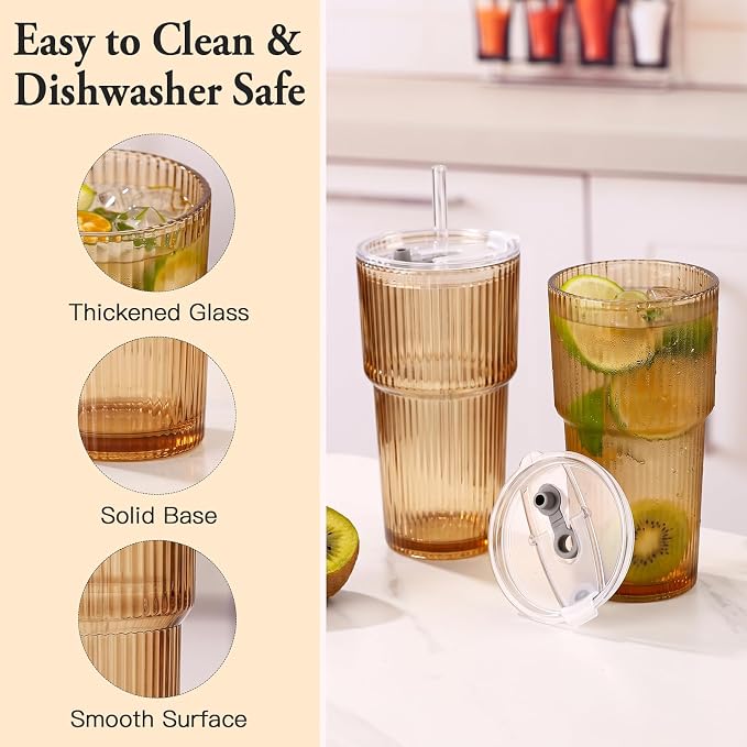 4PCS Brown Drinking Glasses, Ribbed Glass Cups with Lids and Straws, 20oz Vintage Drinking Glasses, Aesthetic Iced Coffee Cups, Glass Tumbler for Boba, Beer, Tea, Cocktails, Yellow Glassware (Brown-4) - Image 5