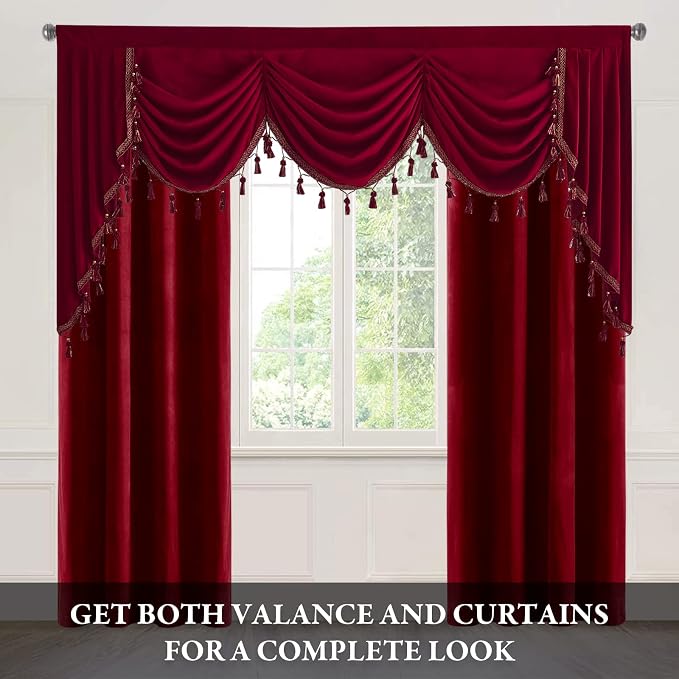 Christmas Red Waterfall Velvet Curtain Valances W79 inches, 1 Panel | Luxury Waterfall Swag Valances, Room Darkening Privacy Window Drapes for Theater, Living Dining Room, Media - Image 2