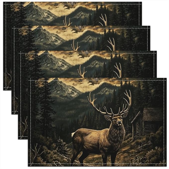 Feelyou Hunting Deer Placemats Set of 4 Rustic Cabin Table Mats for Party Kitchen Dining Decoration Deer Western Place Mat for Table Holiday Decor Indoor Outdoor 18"x12" Non-Slip Easy to Clean by Feelyou