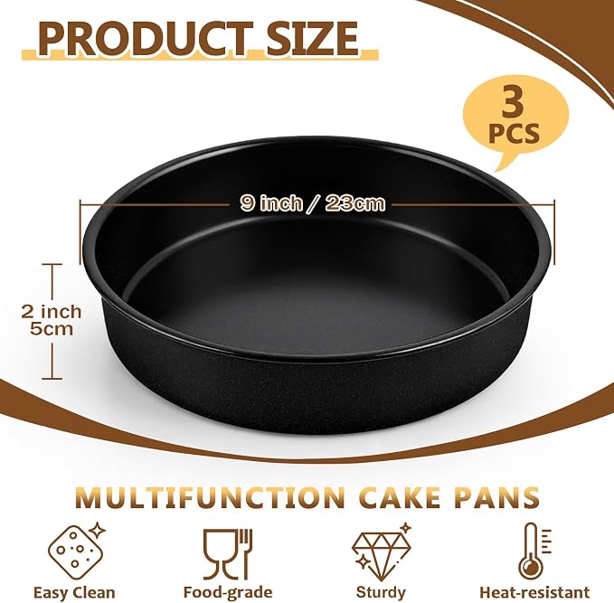 P&P CHEF 9 Inch Cake Pan Set of 3, 3 Pcs Nonstick Round Cake Baking Pans | Stainless Steel Core & Non-stick Coating, Layer Cakes Tin for Cooking, Ideal for Birthday Wedding, Oven & Dishwasher Safe - Image 2