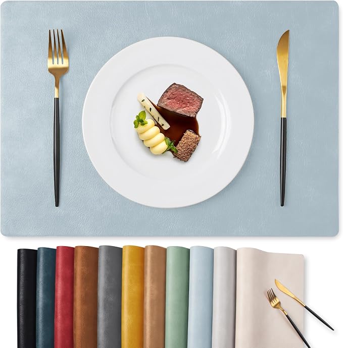 MOSAYT Vinyl Placemats Set of 8-12 X 17 Inch - Faux Leather 100% Waterproof Oil-Proof Wipeable PU Place Mats, Heat Resistant Reversible Table Mats for Kitchen, Dining, Outdoor, Light Grayish Blue by MOSAYT