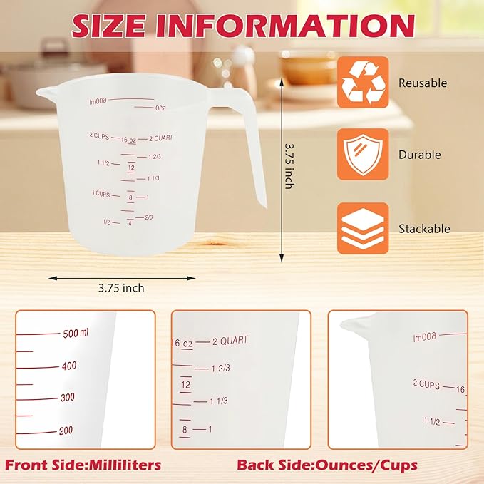 8 Pcs 2 Cup Capacity Plastic Measuring Cup, 16 Oz/500 ml Clear Graduated Measuring Cups Plastic Mug with Spout and Handles Ounce and Ml Cup Marking for Recipe Ingredient, Flour, Water, Liquid