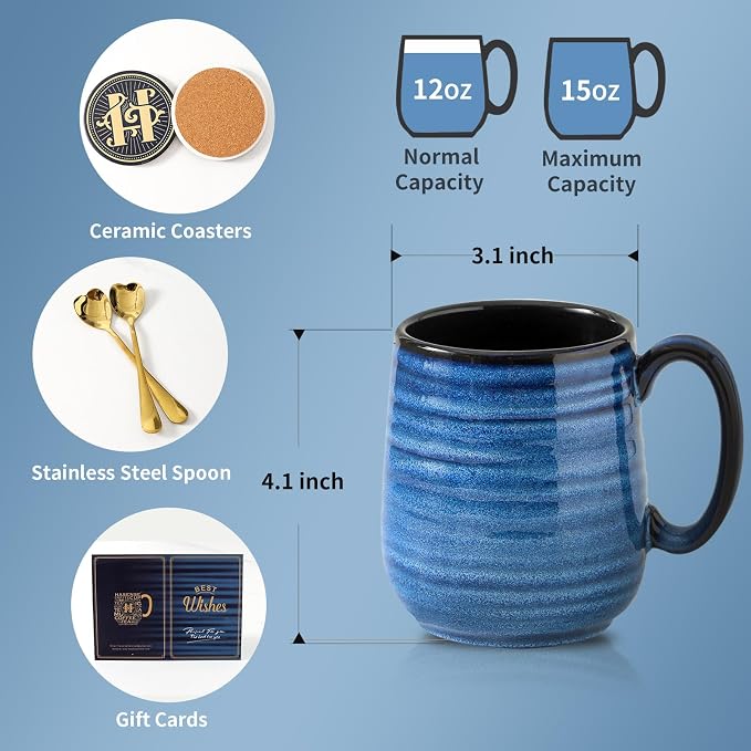 HASENSE Ceramic Coffee Mugs Gift Set for Men, Women, Blue Reactive Glazes | 15oz Coffee Cups with Handles, Vintage Luxury Birthday Gift Ideas for Dad, Mom, Friends, Coworkers, Wife, Couples, 2 Pack - Image 2