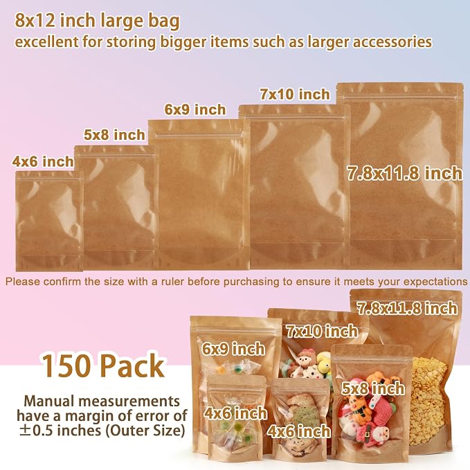150 Pack Kraft Bags with Window 8x12 Reclosable Large Stand Up Mylar Bags for Food Storage Resealable Smell Proof Pouch, Edible Packaging, Reusable bags for Small Business - Image 4