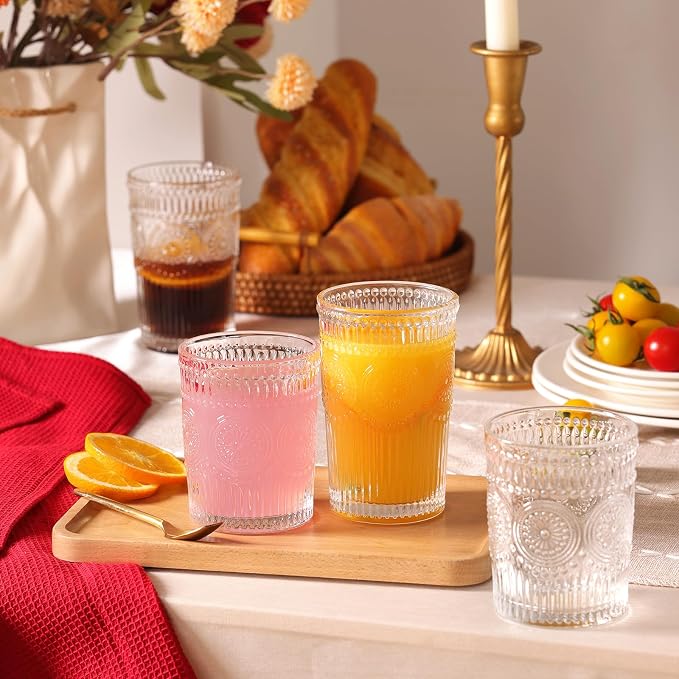 Moretoes Vintage Drinking Glasses Set of 12,Textured Striped Glass Cups | Clear 6 Highball Glasses 12oz & 6 Rocks Glasses 10oz, Mixed Glassware Set, Mojito Cups, Cocktail Glass, Iced Coffee Cup - Image 7