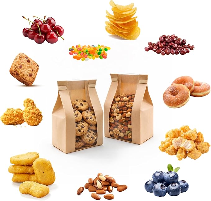 WIKDAY Paper Cookie Bags with Window 100PCS Small Treat Bread Bakery Bags | Tin Tie Tab Lock, with Thank You Seal Stickers, 3.5x2.3x7.5in, for Baked Food Packaging Storage Gift Giving Cottage Business - Image 4