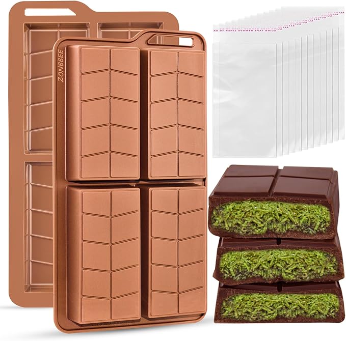 Deep Chocolate Bar Molds Silicone Non Stick 0.82inch,2 Pack Thick Dubai Shapes Chocolate Stuffed Bar Mold Kit for Filling Knafeh Candy with 100pcs Bags(Brown) by ZONBBEE